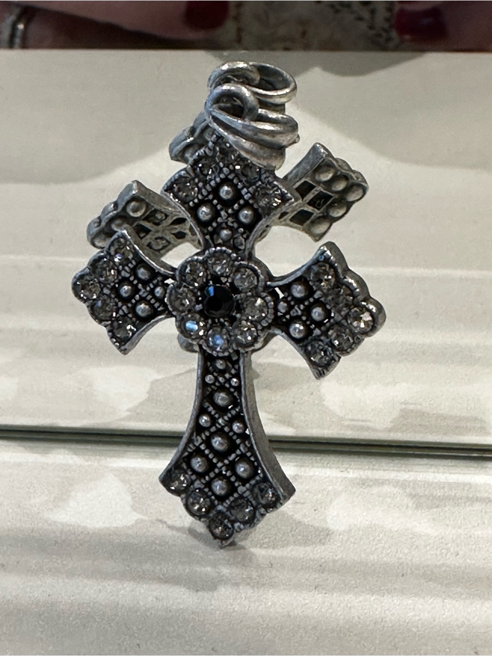 Marcasite and Silver Tone Black Crystal Cross Pendant